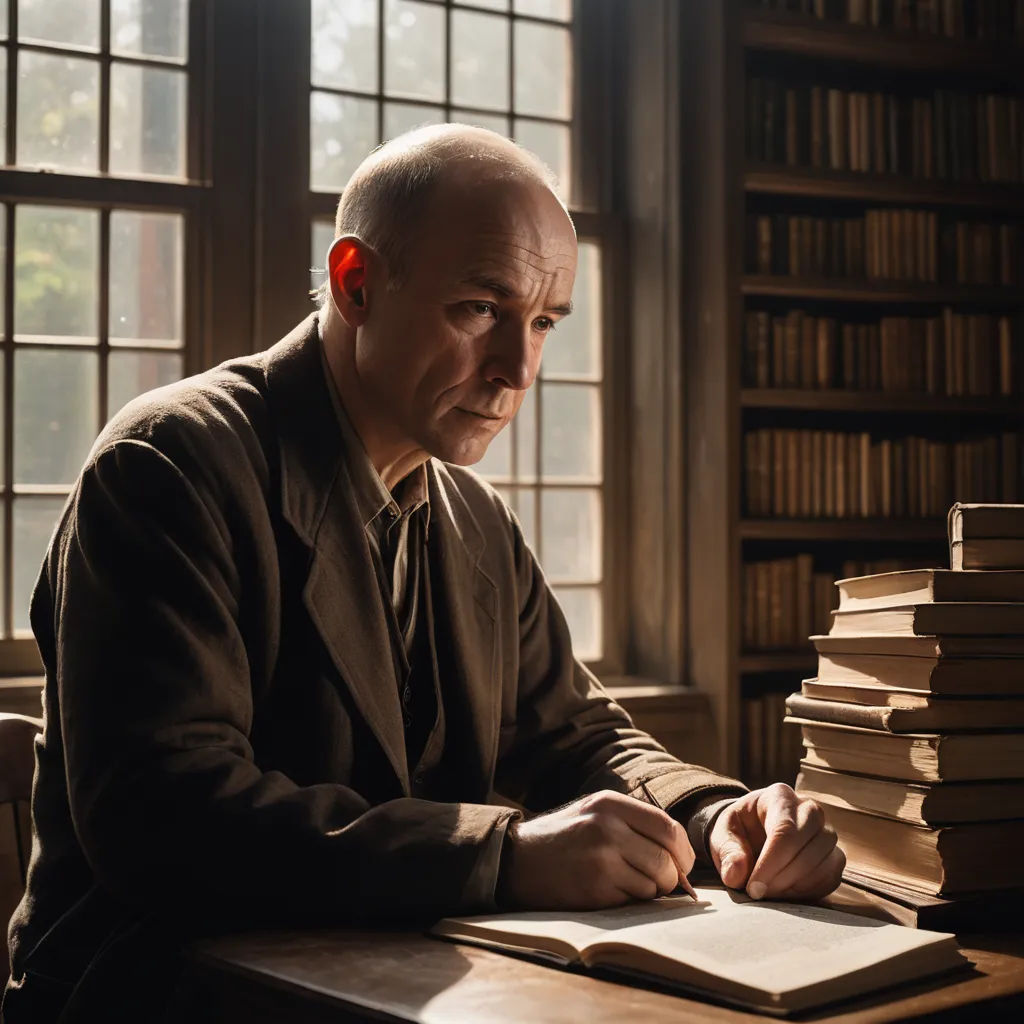 a man sitting at a desk with a stack of books in front of him and a book in front of him, arts and crafts movement, a character portrait, Aloysius O'Kelly, promotional image