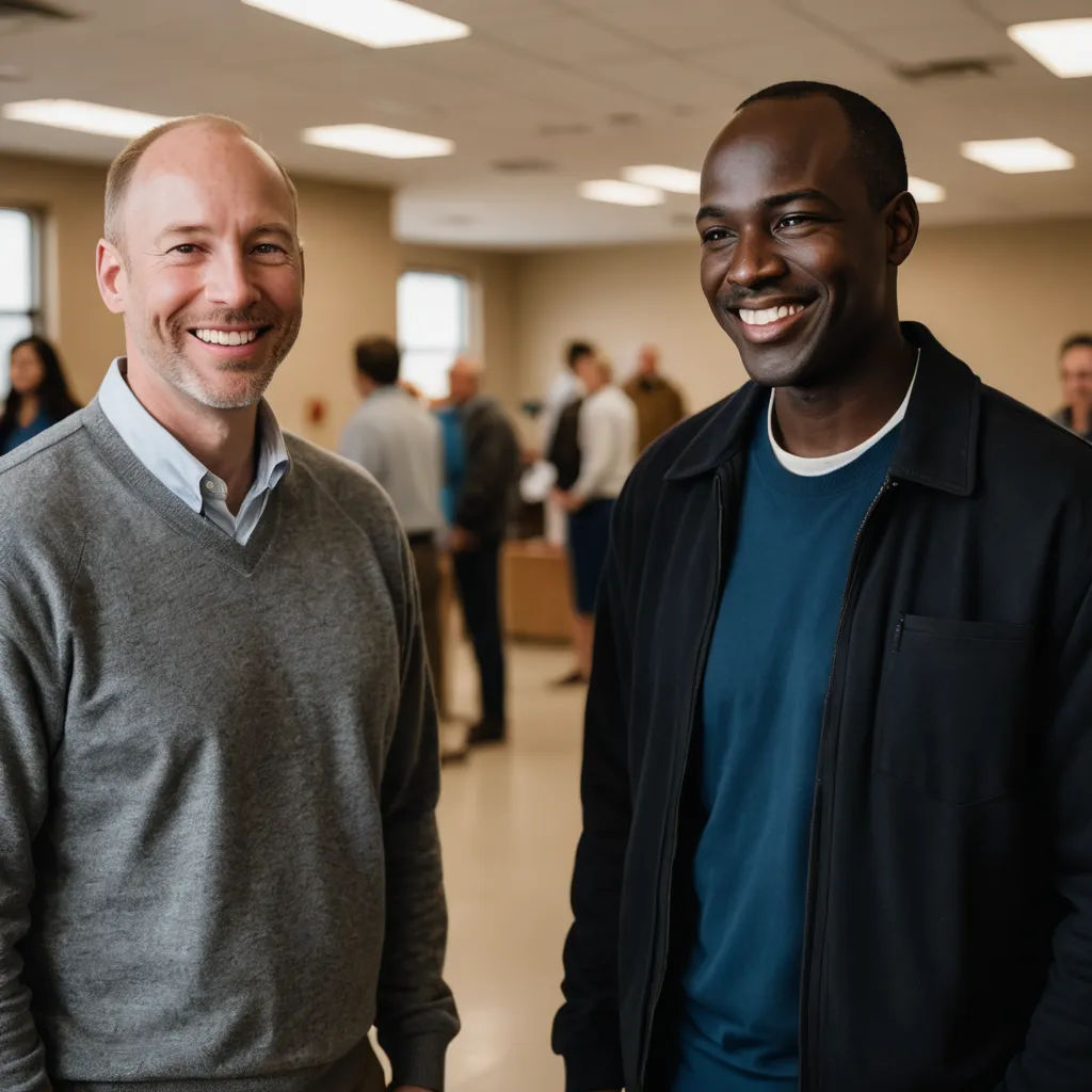 two men standing next to each other in a room with people in the background smiling for the camera,, heidelberg school, a stock photo, Bruce Onobrakpeya, professional photo
