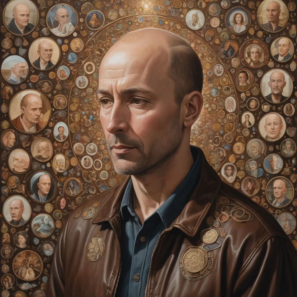 a painting of a man with many faces on a wall of buttons in the background, and a man in a leather jacket, figurative art, a detailed painting, Aaron Jasinski, detailed portrait