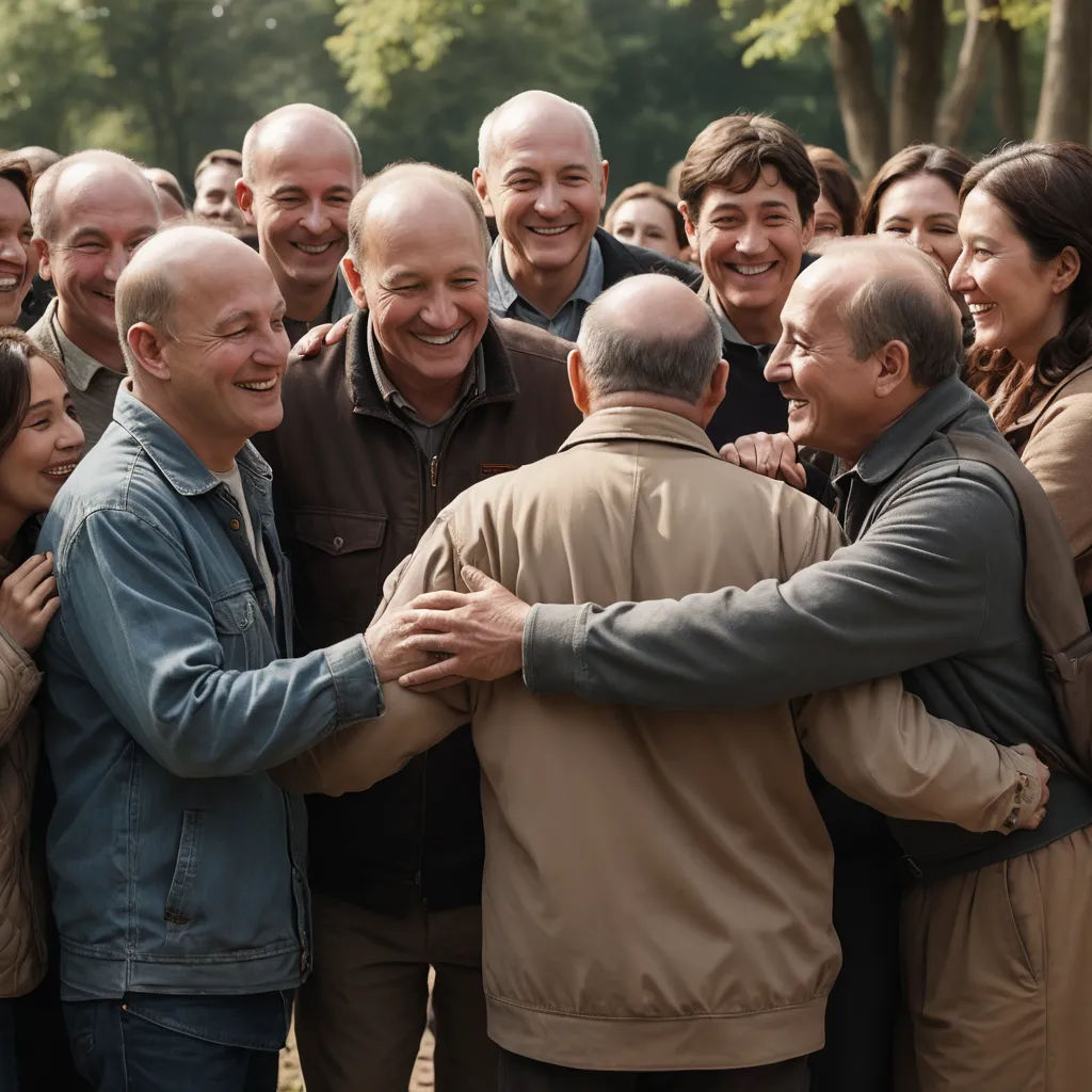 a group of people standing around each other with one man hugging the other man's shoulders and smiling, les automatistes, a stock photo, Didier Mouron, promotional image