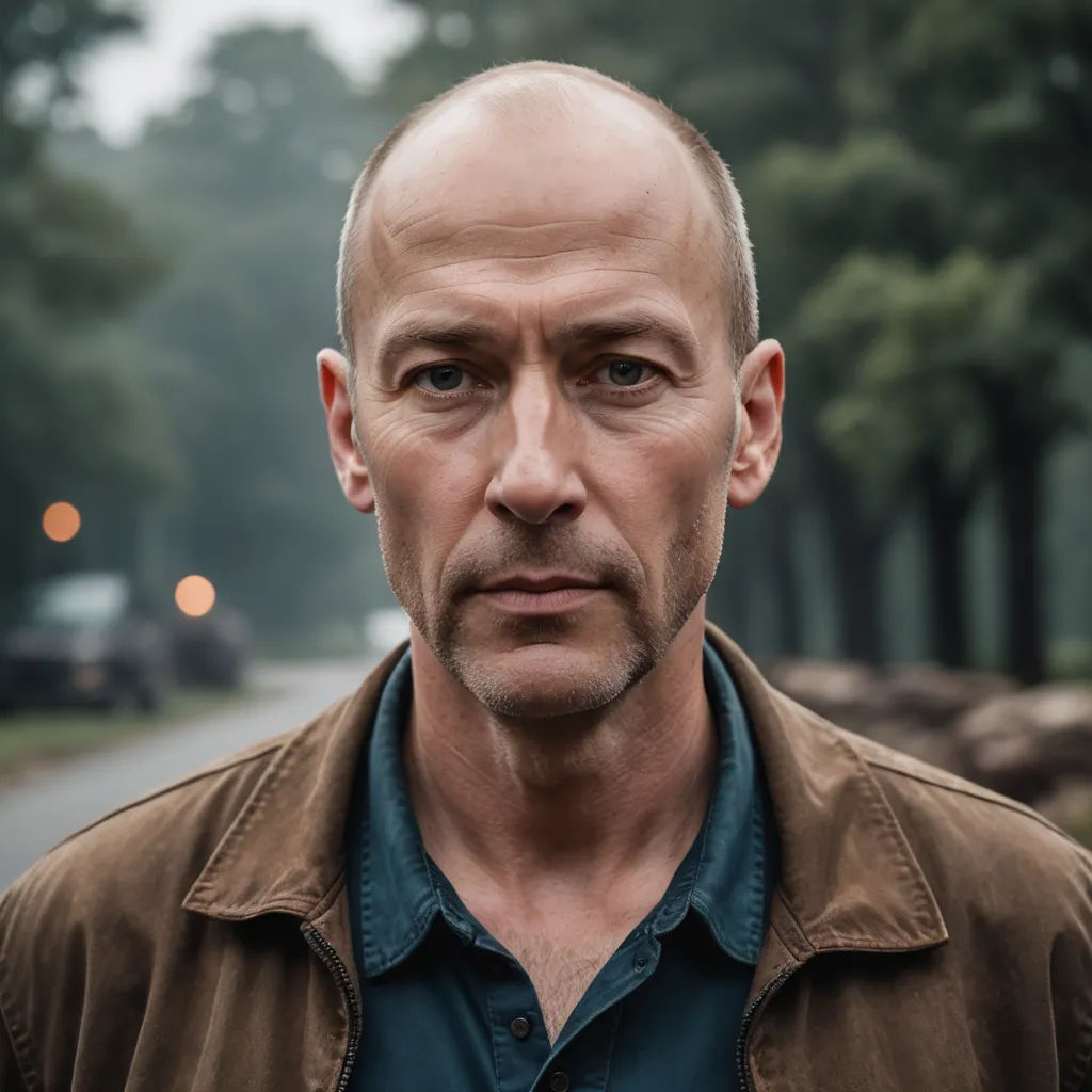 a man with a bald head and a brown jacket on a street with trees in the background and a car in the foreground, de stijl, a character portrait, Arie Smit, peter konig