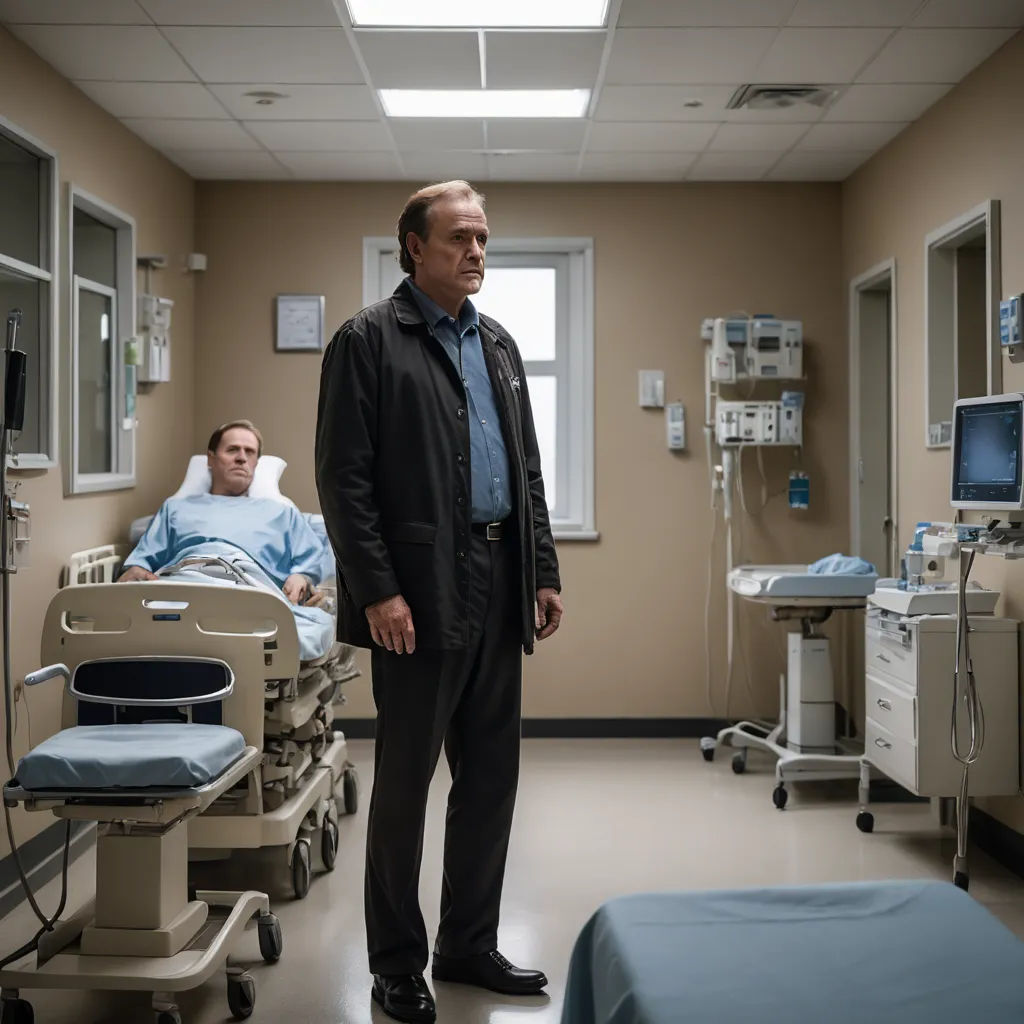 a man standing in a hospital room next to a bed and a monitor screen with a man in a blue shirt, neoplasticism, a hologram, David Budd, movie still