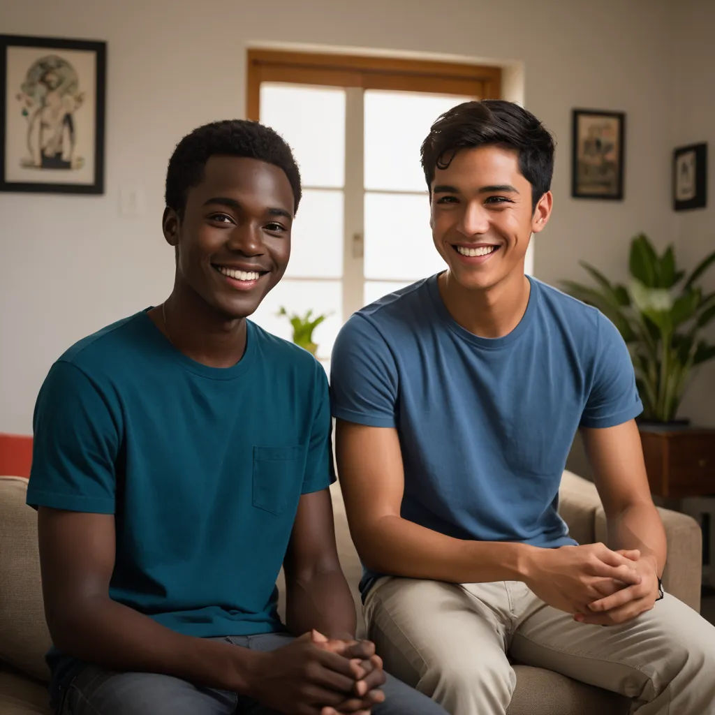 two men sitting on a couch smiling for the camera, one of them is wearing a blue shirt and the other is wearing a blue shirt, american barbizon school, a stock photo, Christian Hilfgott Brand, promotional image