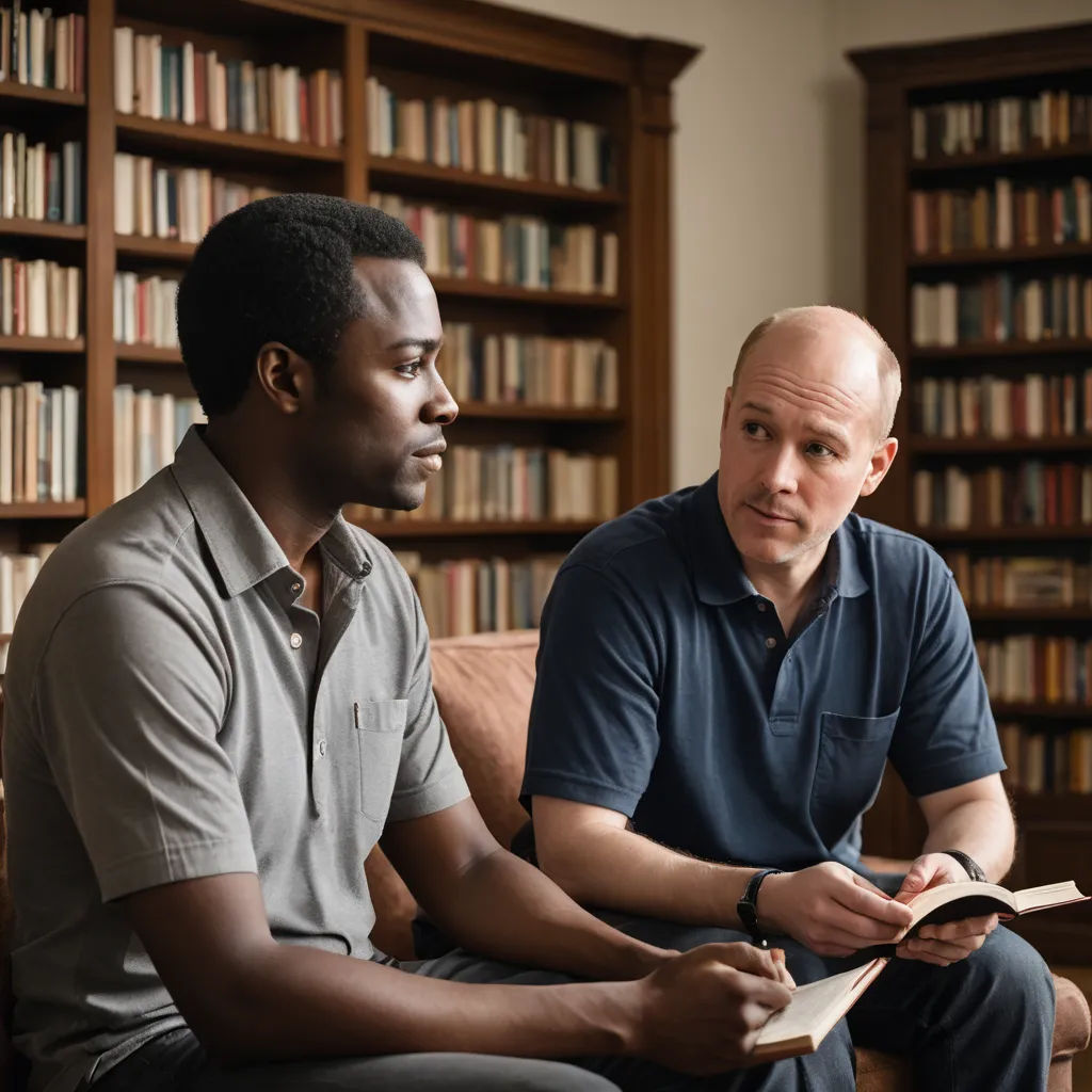 two men sitting on a couch in front of a bookcase looking at something on a book in the other hand, heidelberg school, a character portrait, Chris Ware, movie still