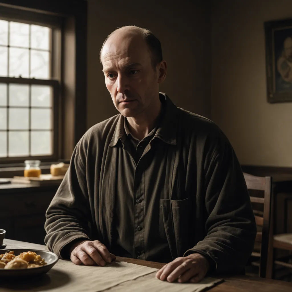 a man sitting at a table with a plate of food on it and a cup of coffee in front of him, american realism, a character portrait, David Annand, promotional image