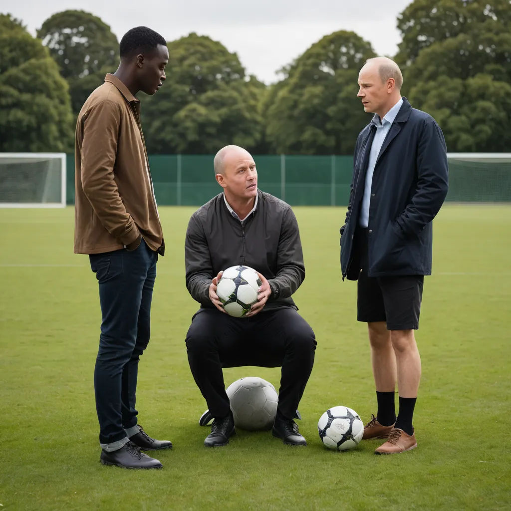 a man holding a soccer ball with two other men standing around him on a soccer field with trees in the background, institutional critique, a renaissance painting, David Bailly, promotional image