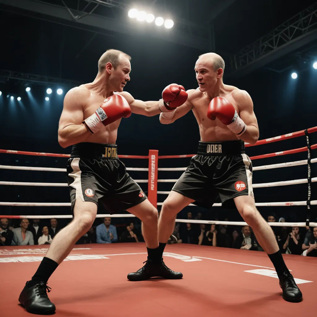 two men in boxing stance in a ring with a crowd watching them from the stands and a referee standing behind them, viennese actionism, a tilt shift photo, Charles Martin, cinematic photography
