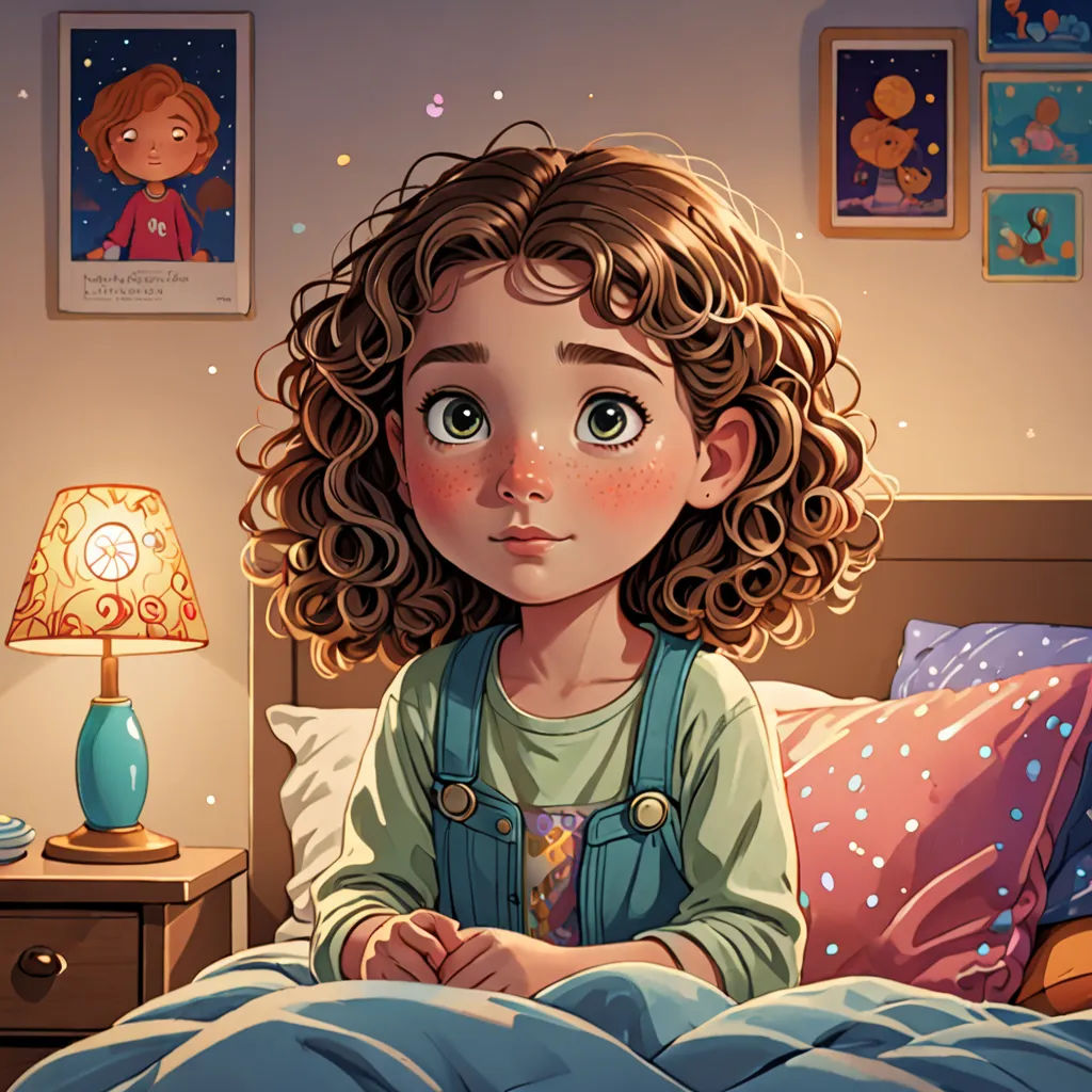 a little girl sitting on a bed with a teddy bear in the corner of the room and a lamp on the nightstand, space art, a storybook illustration, Diego Gisbert Llorens, storybook illustration