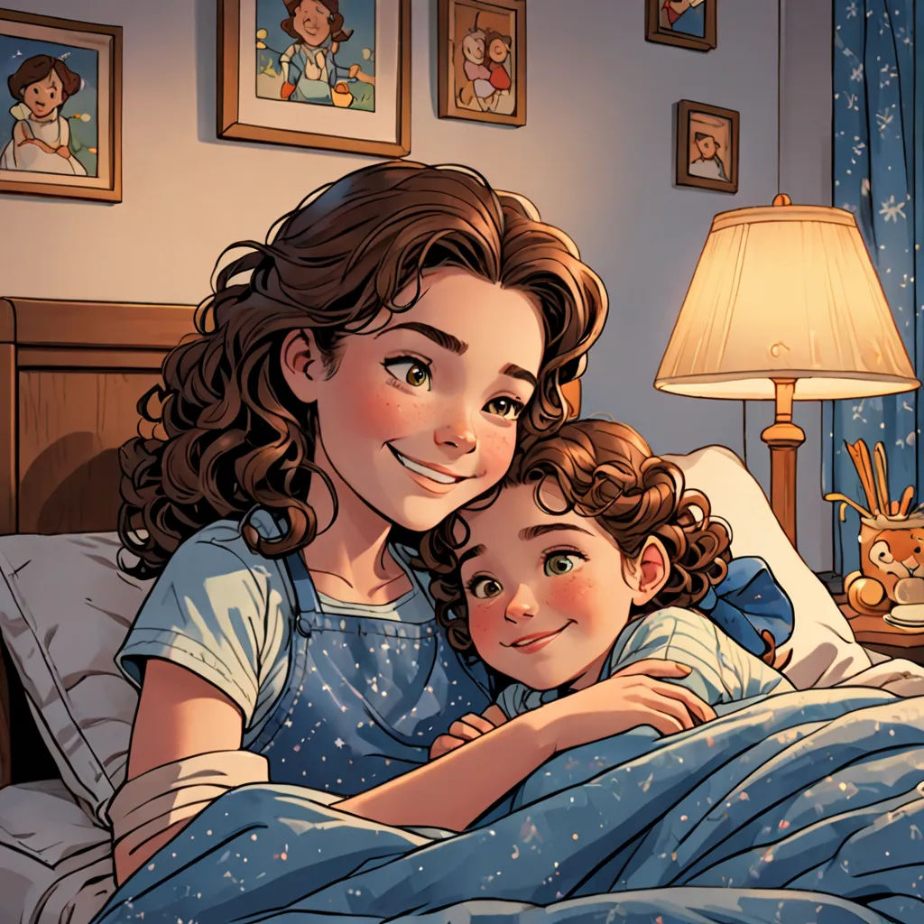 a woman and a child laying in bed together in a bedroom with pictures on the wall and a lamp on the nightstand, lyco art, a storybook illustration, Diego Gisbert Llorens, storybook illustration