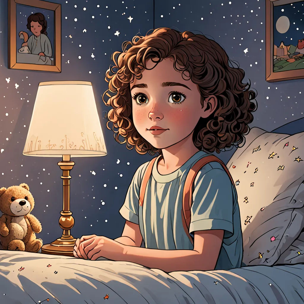 a little girl sitting on a bed next to a teddy bear and a lamp in a room with stars, space art, a storybook illustration, Diego Gisbert Llorens, storybook illustration