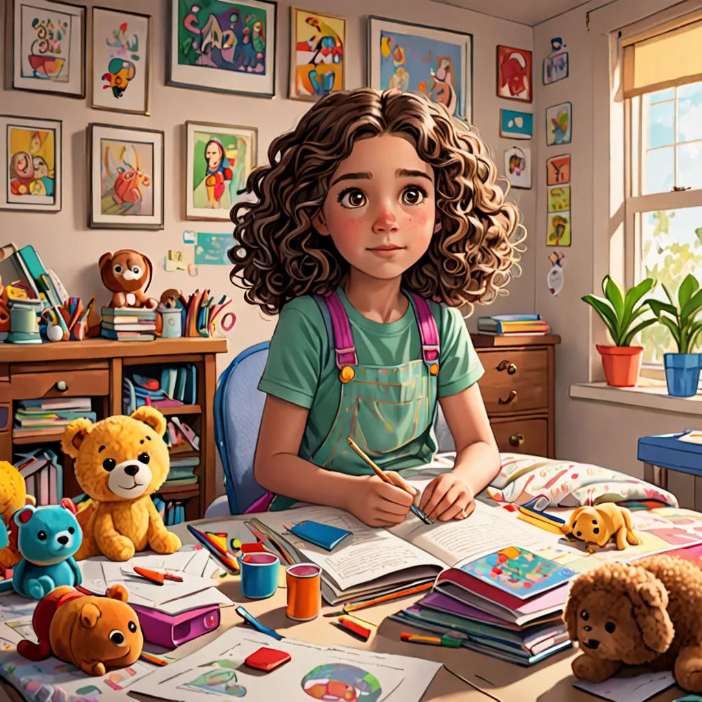 a girl sitting at a desk with a book and teddy bears in front of her and a teddy bear on the desk, photorealism, a storybook illustration, Chris LaBrooy, cgstudio