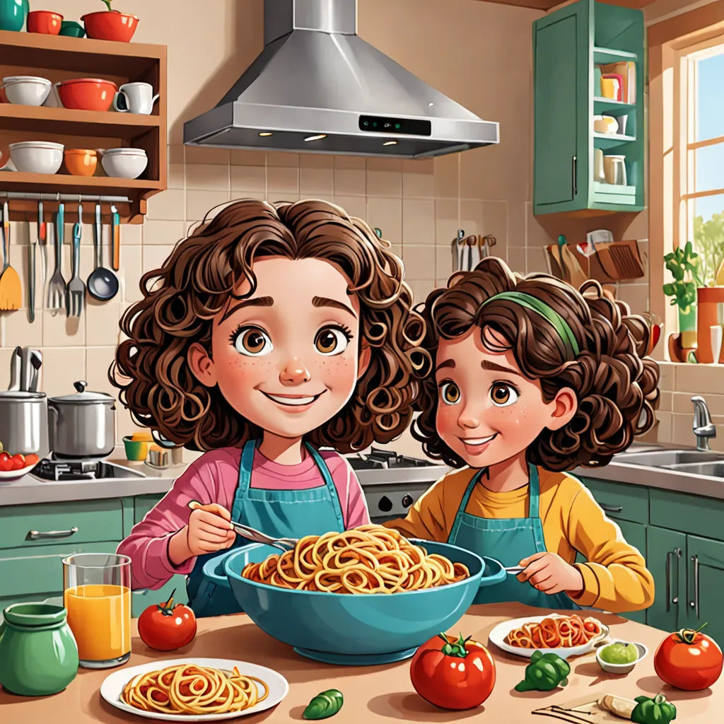 two children are eating spaghetti in the kitchen together, with a large pot of tomato sauce in the background, lyco art, a storybook illustration, Diego Gisbert Llorens, storybook illustration
