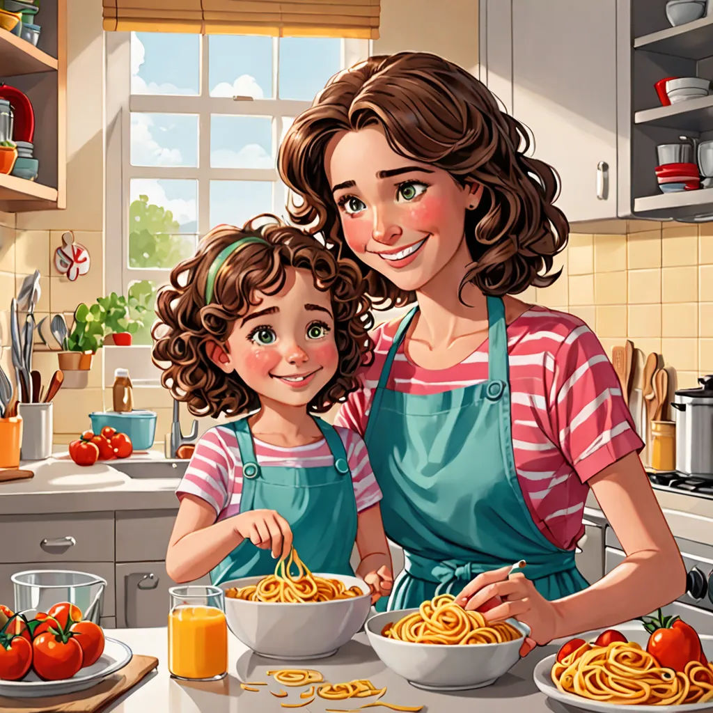 a woman and a child are cooking spaghetti together in the kitchen together, with tomatoes and tomatoes on the counter, lyco art, a storybook illustration, Alejandro Burdisio, trending on art station
