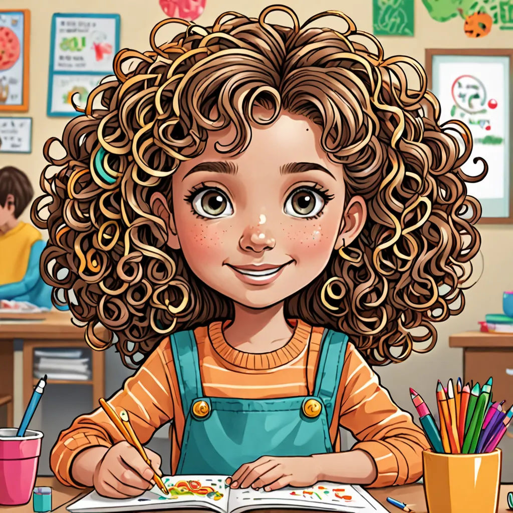 a girl with curly hair is sitting at a desk and coloring a book with colored pencils and a cup of coffee, naive art, a storybook illustration, artist, highly detailed digital painting