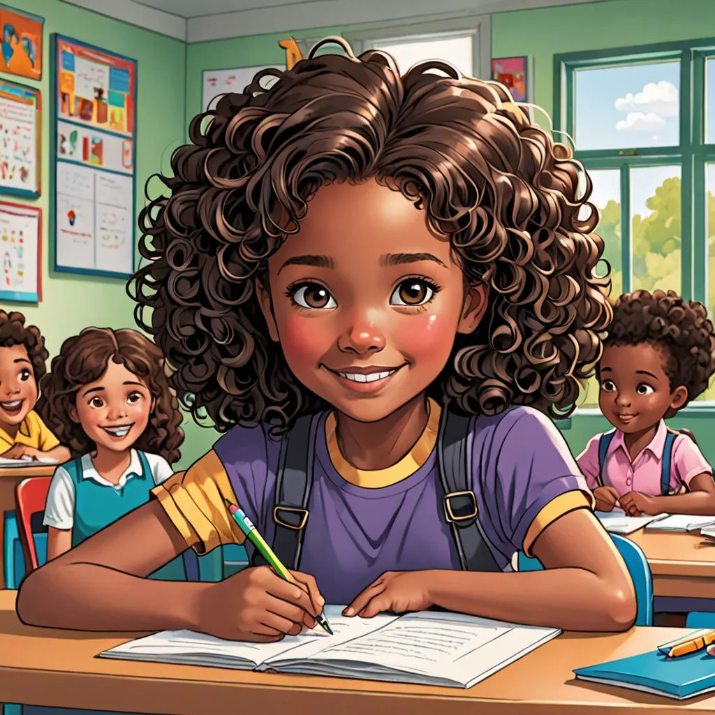 a cartoon girl sitting at a desk with a book and pencil in her hand and other children in the background, photorealism, a storybook illustration, Constance Gordon-Cumming, ultra realistic illustration