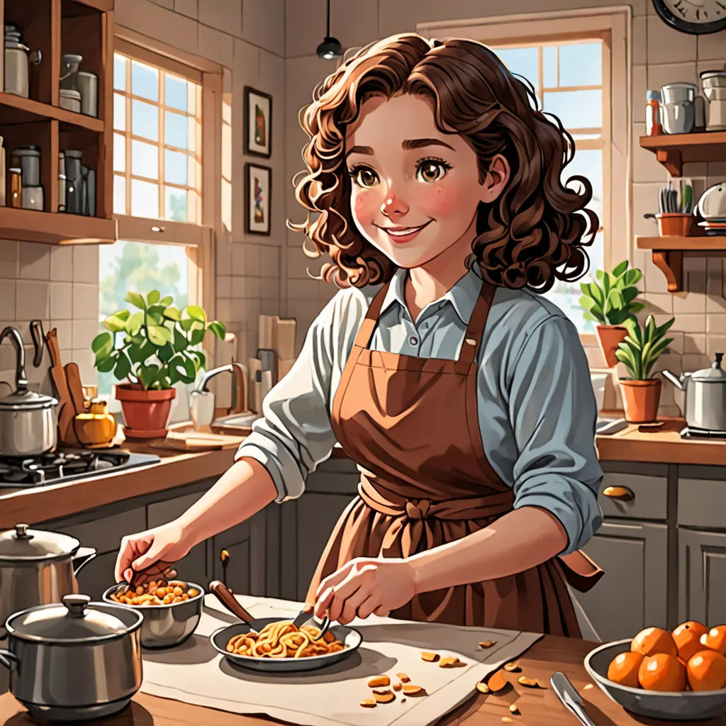 a woman in an apron is cooking in a kitchen with a pot and pan on the counter and a pot on the stove, photorealism, a storybook illustration, Alejandro Burdisio, high detail illustration