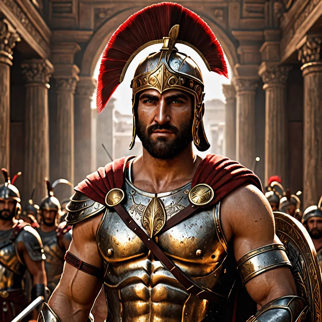 a man in a roman gladia costume standing in front of a group of men in a city street, antipodeans, a detailed matte painting, Altoon Sultan, cinematic 4k wallpaper