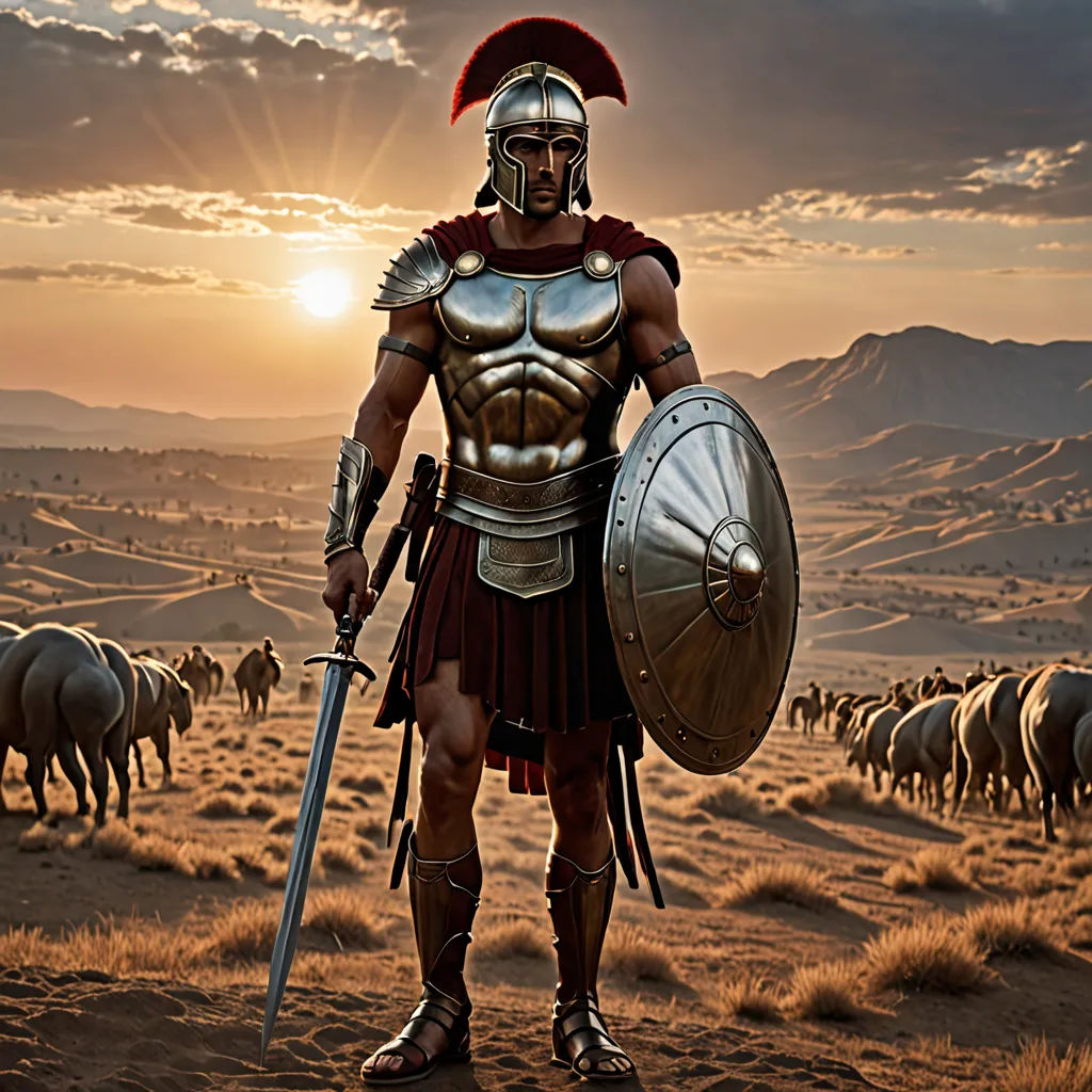 a man in a roman armor standing in a field with sheep behind him and a sunset in the background, antipodeans, a detailed matte painting, Dirck van der Lisse, armor