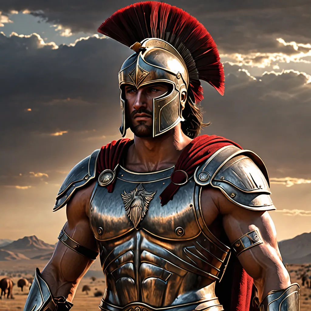 a man in a roman armor standing in a desert area with a sky background and clouds in the background, antipodeans, computer graphics, Altoon Sultan, 2 d game art