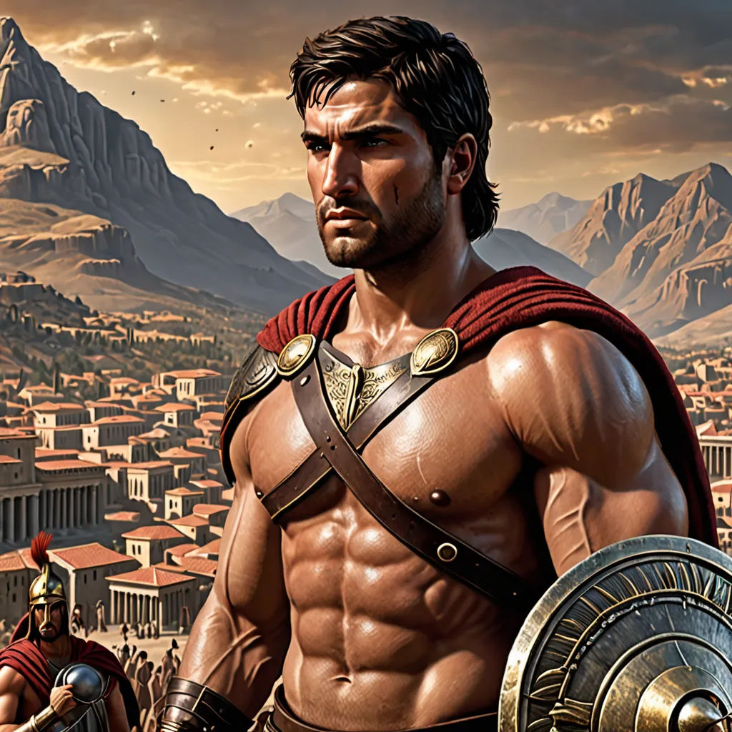 a man in a roman gladia outfit standing in front of a city with a sword and shield on his shoulder, fantasy art, a detailed matte painting, Clint Cearley, highly detailed digital painting