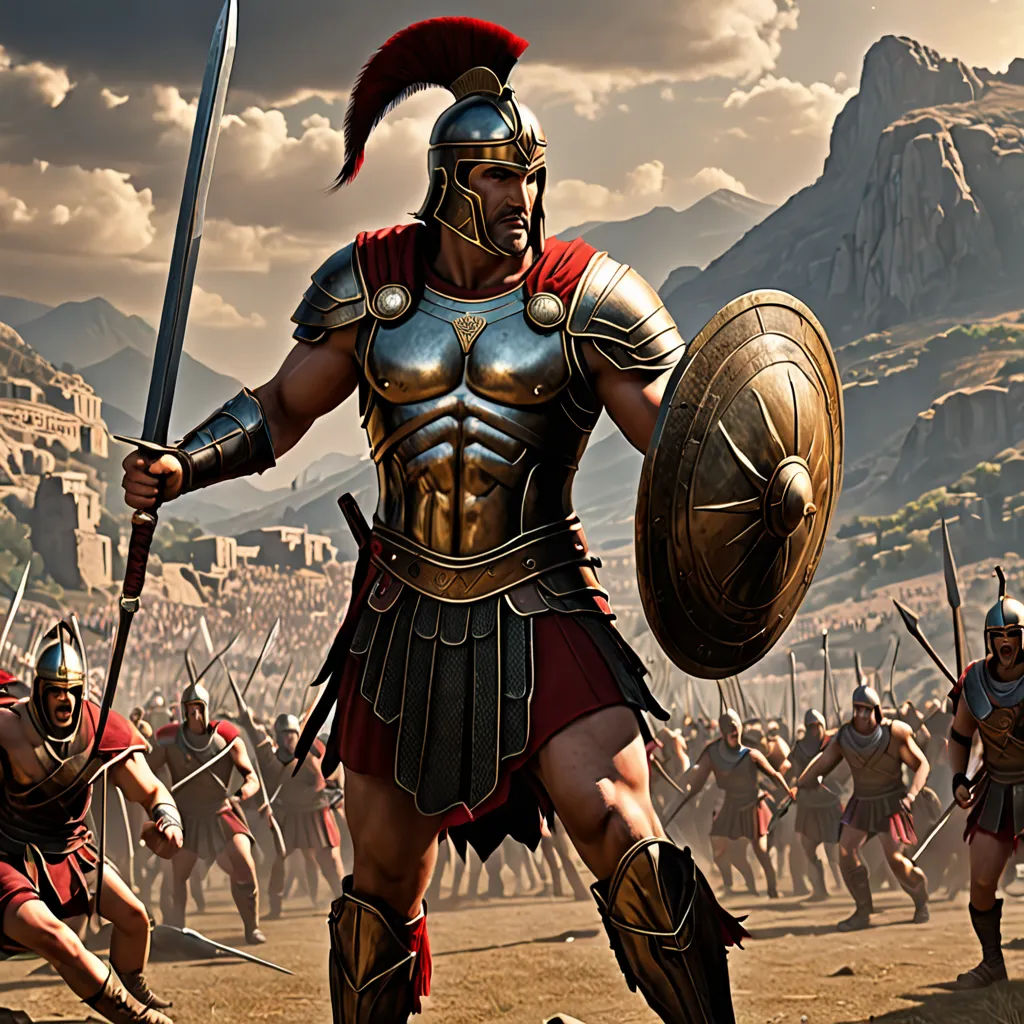 a painting of a roman soldier with a sword and shield in front of a group of men in armor, antipodeans, a detailed matte painting, Avgust Černigoj, cinematic matte painting