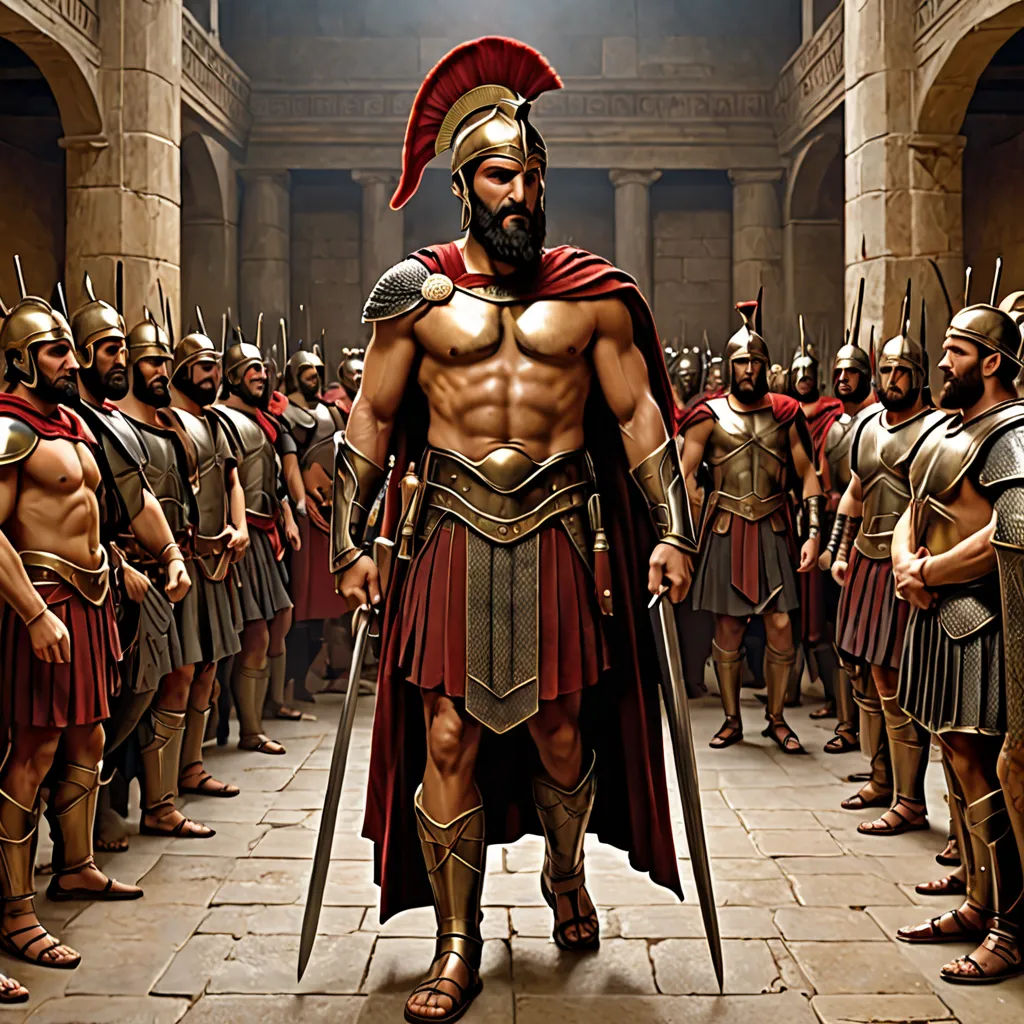 a man in a roman gladia costume standing in front of a group of men in a building with a sword, antipodeans, a detailed matte painting, Apelles, weta digital