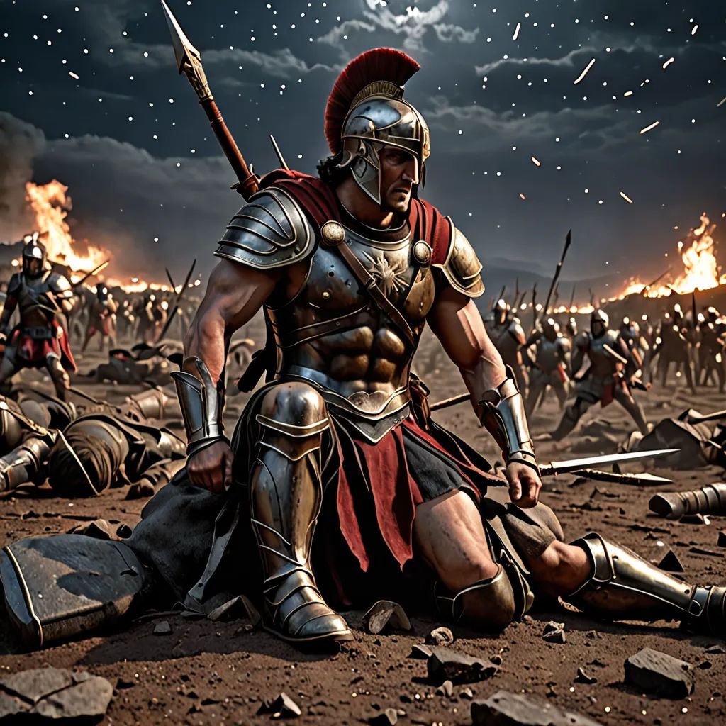 a man in a roman armor kneeling on the ground with a sword in his hand and a lot of other men in the background, antipodeans, a detailed matte painting, Cedric Seaut (Keos Masons), weta digital