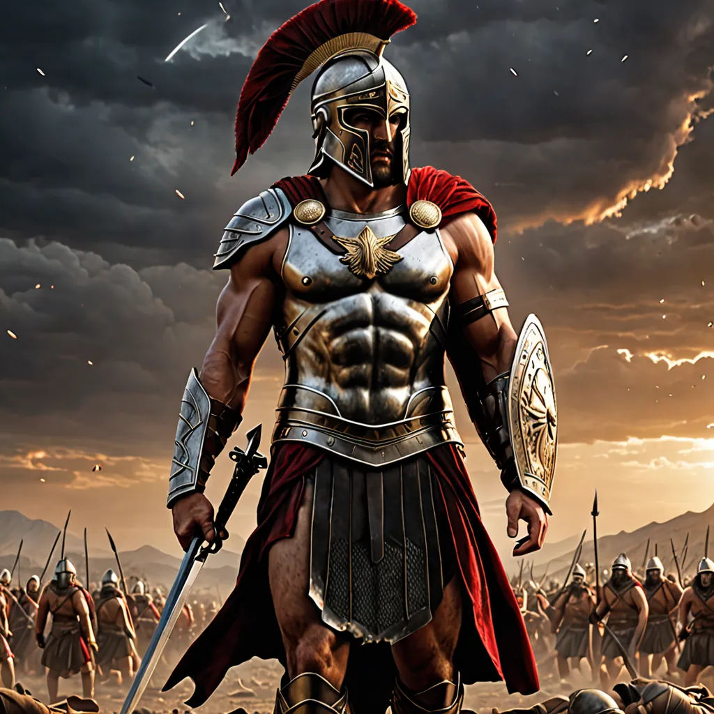 a man in a roman armor standing in front of a group of men in a field of grass and rocks, antipodeans, a detailed matte painting, Apelles, armor