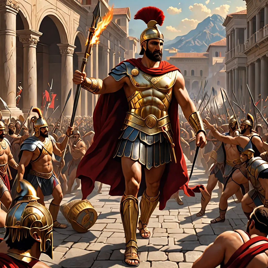 a painting of a roman soldier with a sword and a sword in his hand and a crowd of people behind him, antipodeans, a detailed matte painting, Clint Cearley, highly detailed digital painting