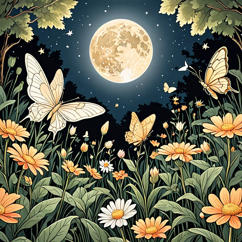 a painting of butterflies flying over a field of flowers and a full moon in the background with stars and a full moon in the sky, fantasy art, a storybook illustration, Chiho Aoshima, detailed illustration