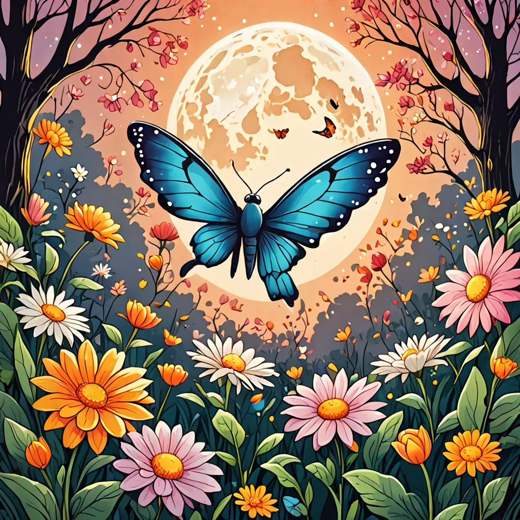a painting of a butterfly flying over a field of flowers and trees with a full moon in the background, fantasy art, a storybook illustration, Dan Mumford, highly detailed digital painting