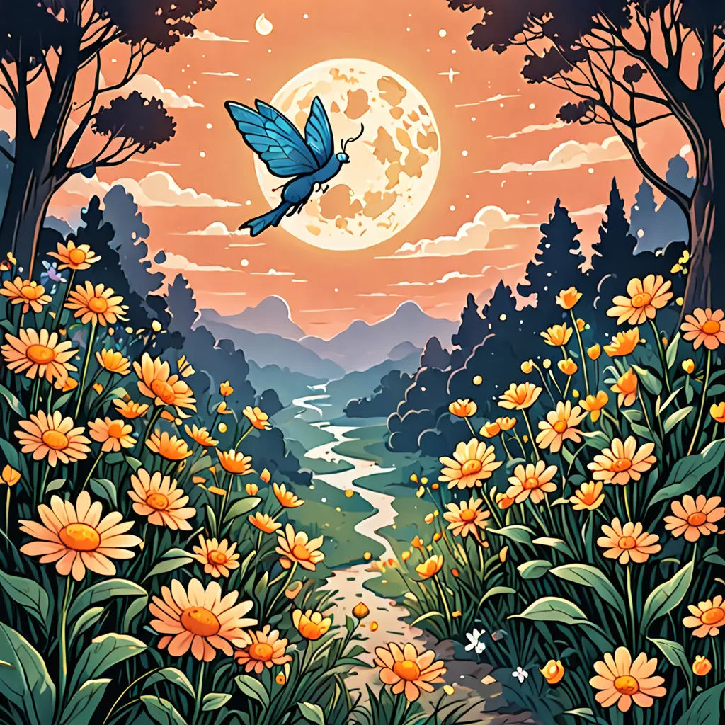 a painting of a bird flying over a forest with flowers and a river at sunset with a full moon, fantasy art, a storybook illustration, Dan Mumford, josan gonzales and dan mumford