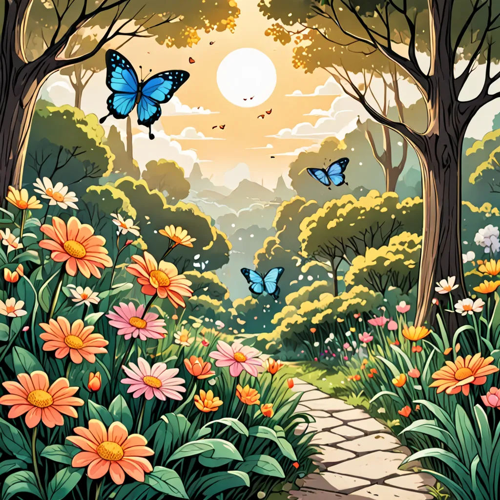 a painting of a pathway through a forest with flowers and butterflies flying around it, with a sun setting in the background, fantasy art, a storybook illustration, Dan Mumford, nature