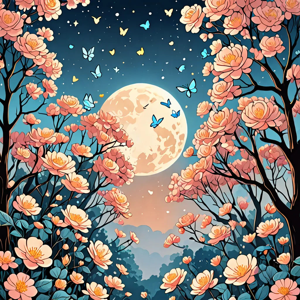 a painting of a full moon and trees with pink flowers in the foreground and a blue sky with butterflies in the background, fantasy art, a storybook illustration, Chris LaBrooy, detailed digital art