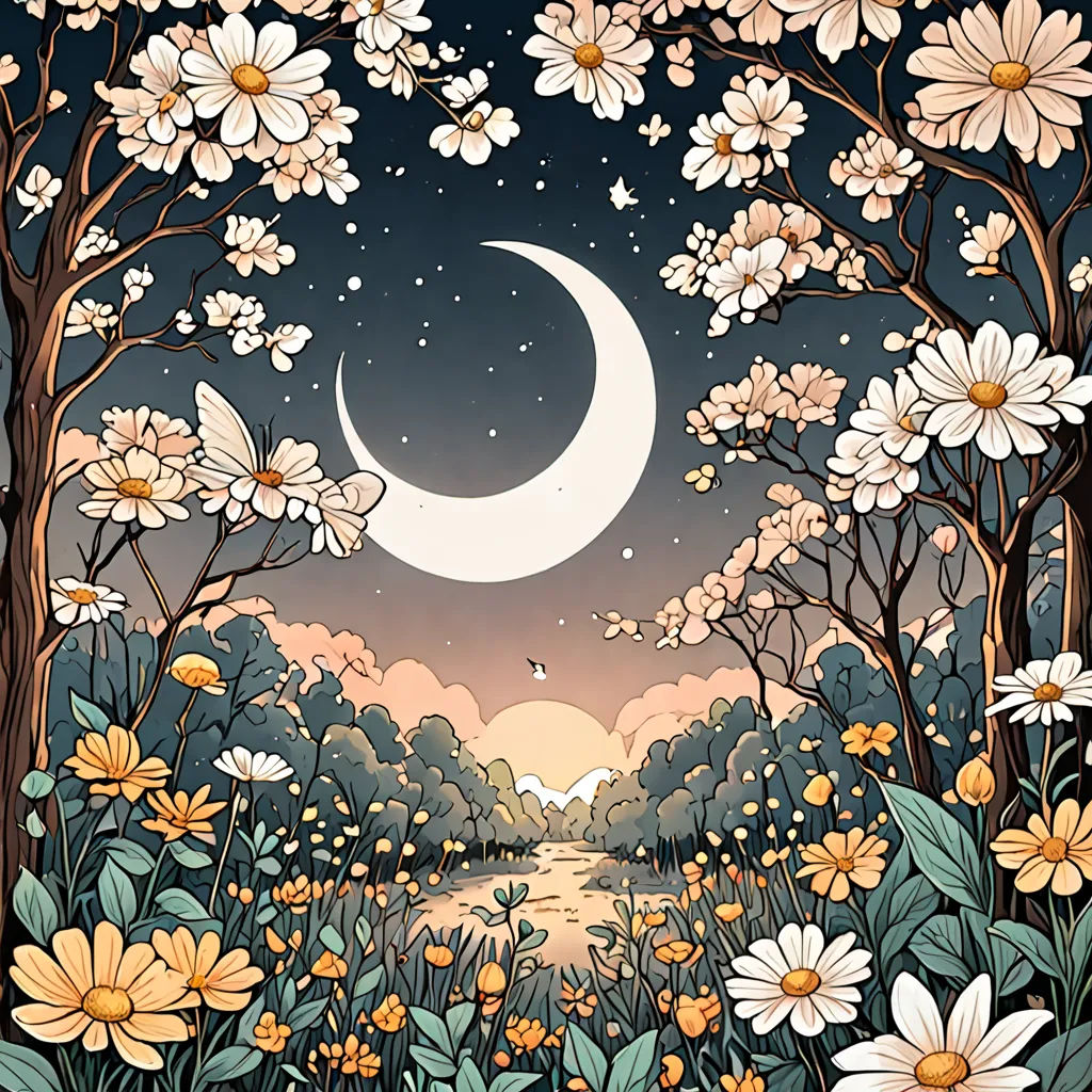 a painting of a night scene with flowers and a moon in the sky above a river and trees with white flowers, fantasy art, a storybook illustration, Annabel Kidston, detailed illustration