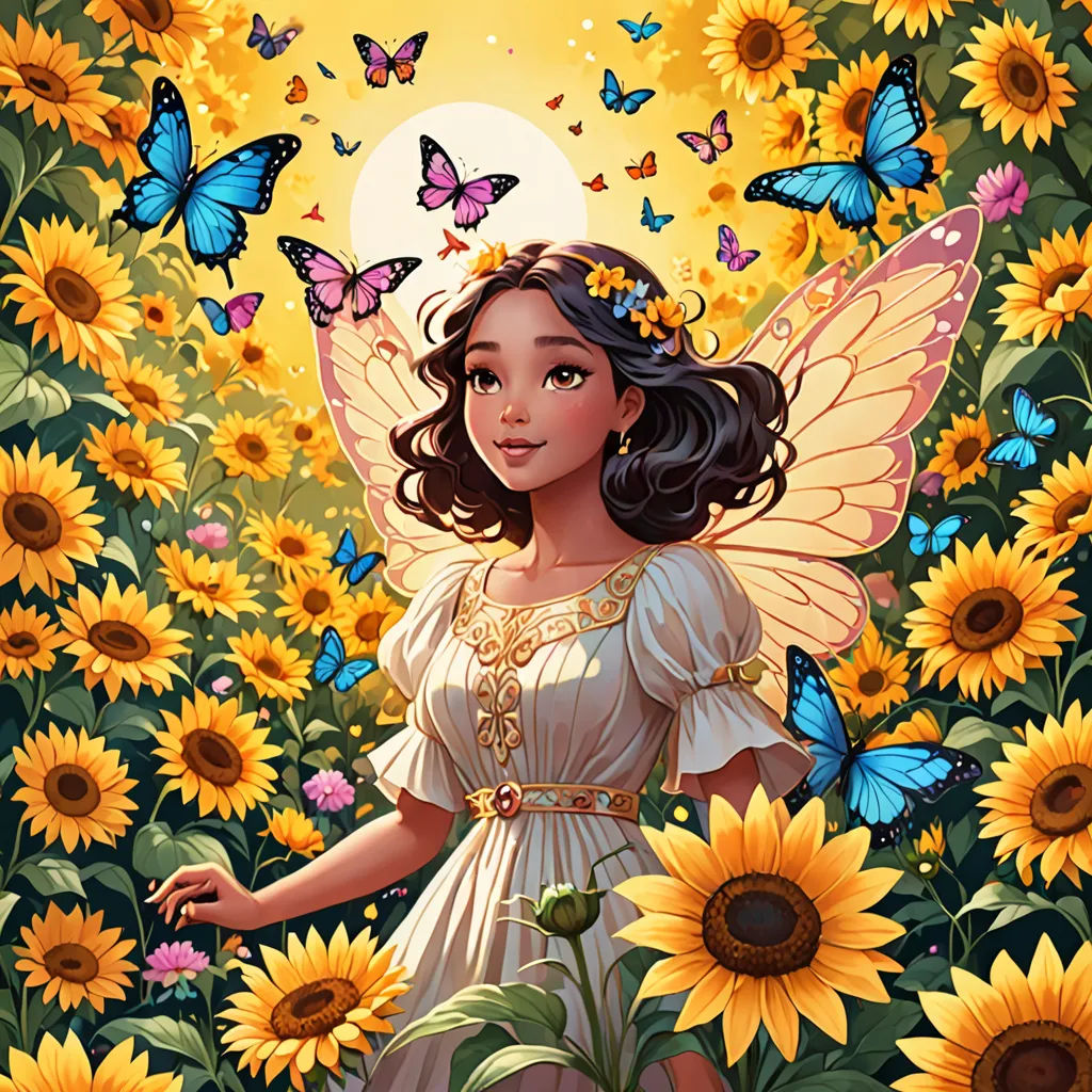 a painting of a woman in a field of sunflowers with butterflies around her and a full moon in the background, fantasy art, a storybook illustration, Anne Stokes, rossdraws global illumination