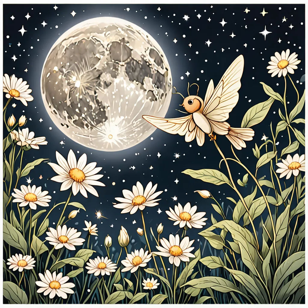 a painting of a full moon with a couple of bees flying over it and daisies in the foreground, fantasy art, a storybook illustration, Annabel Kidston, whimsical