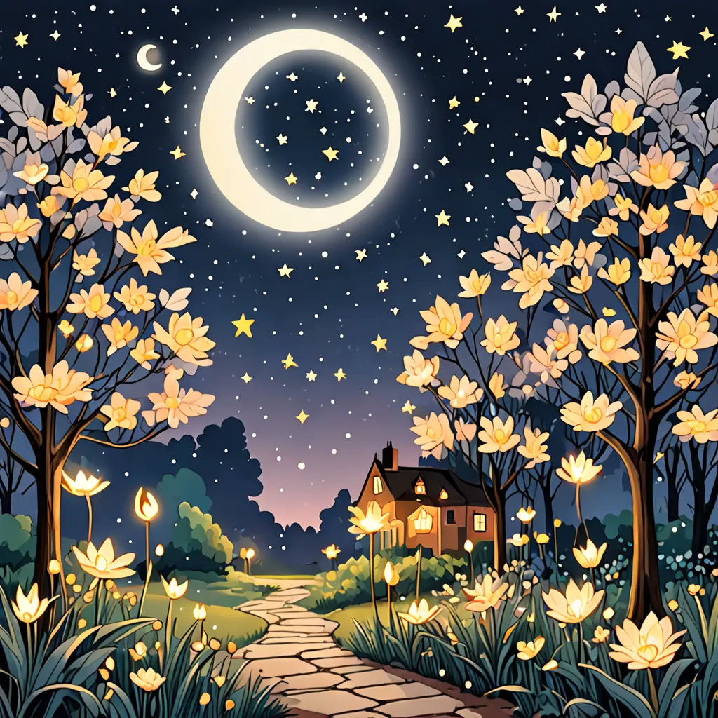 a painting of a pathway leading to a house with a moon in the sky above it and a path leading to a house with a light, fantasy art, a storybook illustration, Chiho Aoshima, storybook illustration