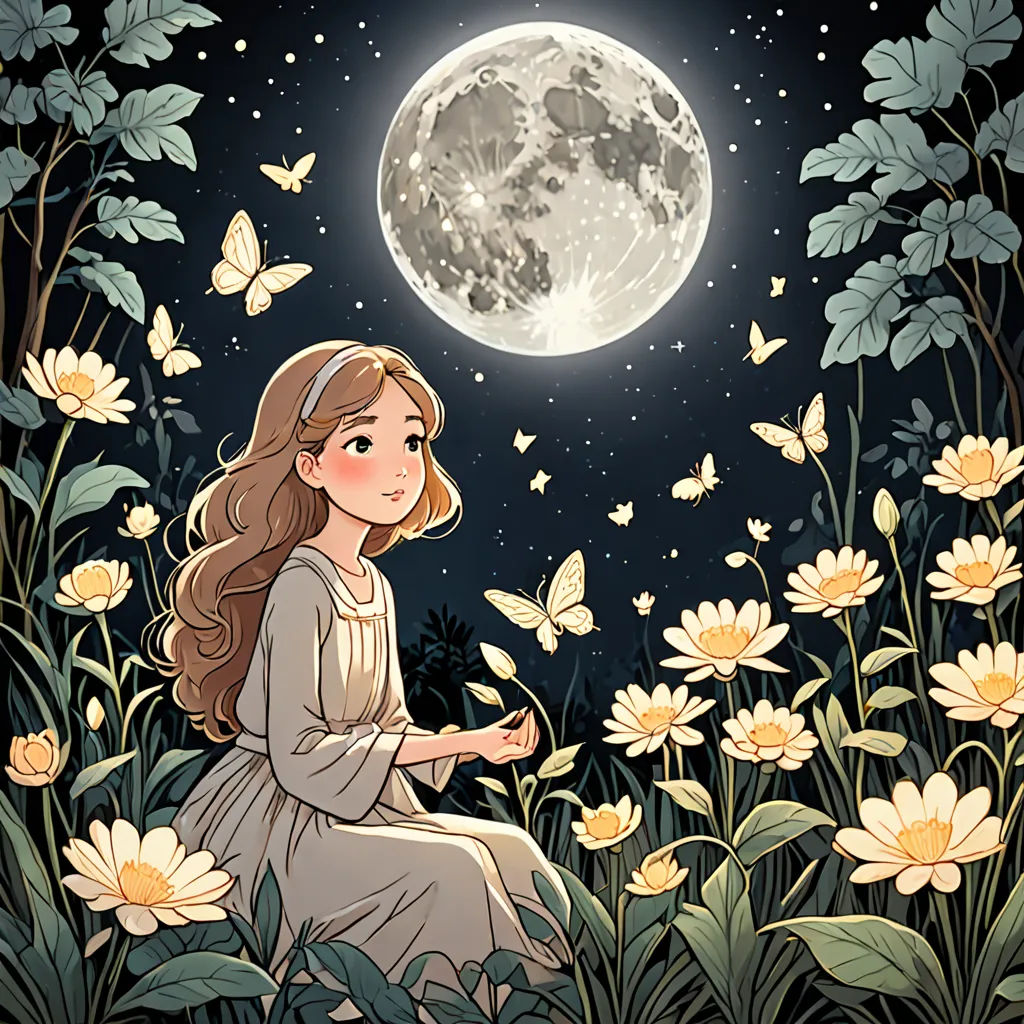 a girl sitting in a field of flowers with a full moon in the background and butterflies flying around her, fantasy art, a storybook illustration, Choi Buk, moon