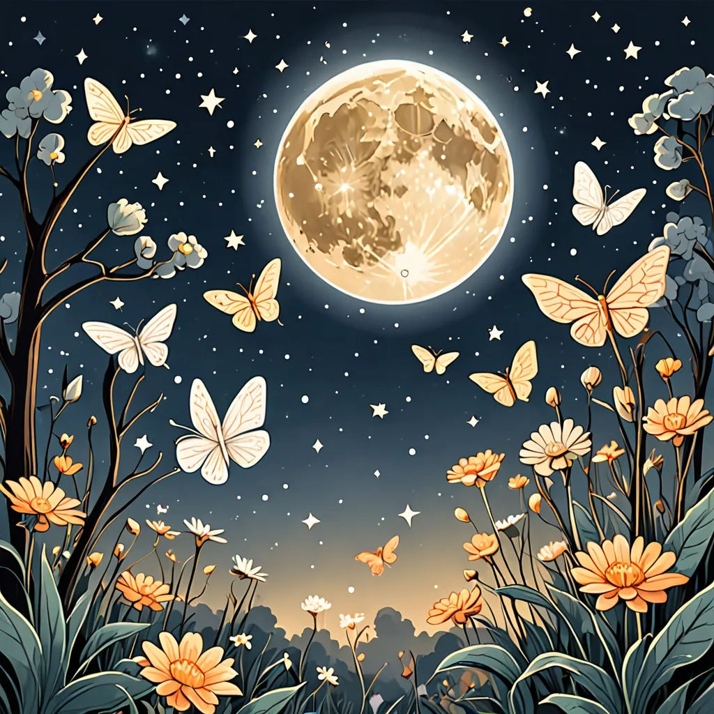 a full moon is shining over a field of flowers and butterflies in the night sky with stars and a full moon, fantasy art, a storybook illustration, Annabel Kidston, moon