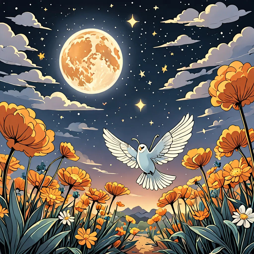 a painting of a bird flying over a field of flowers and a full moon in the sky above it, space art, a storybook illustration, Chris LaBrooy, rossdraws global illumination