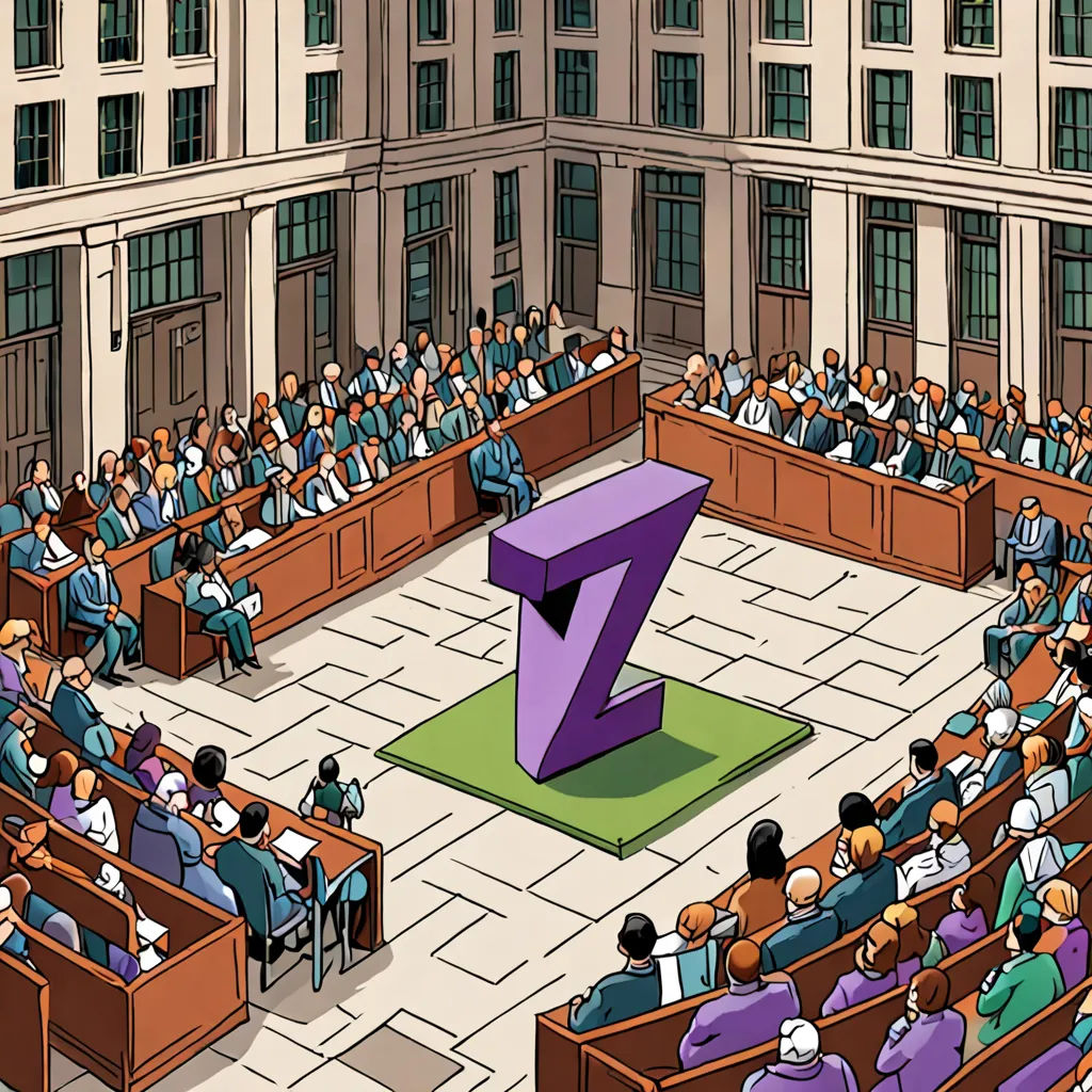 a cartoon of a number seven in a courtroom with a crowd of people sitting in the chairs and a speaker standing in the middle, institutional critique, a comic book panel, Allaert van Everdingen, detailed illustration