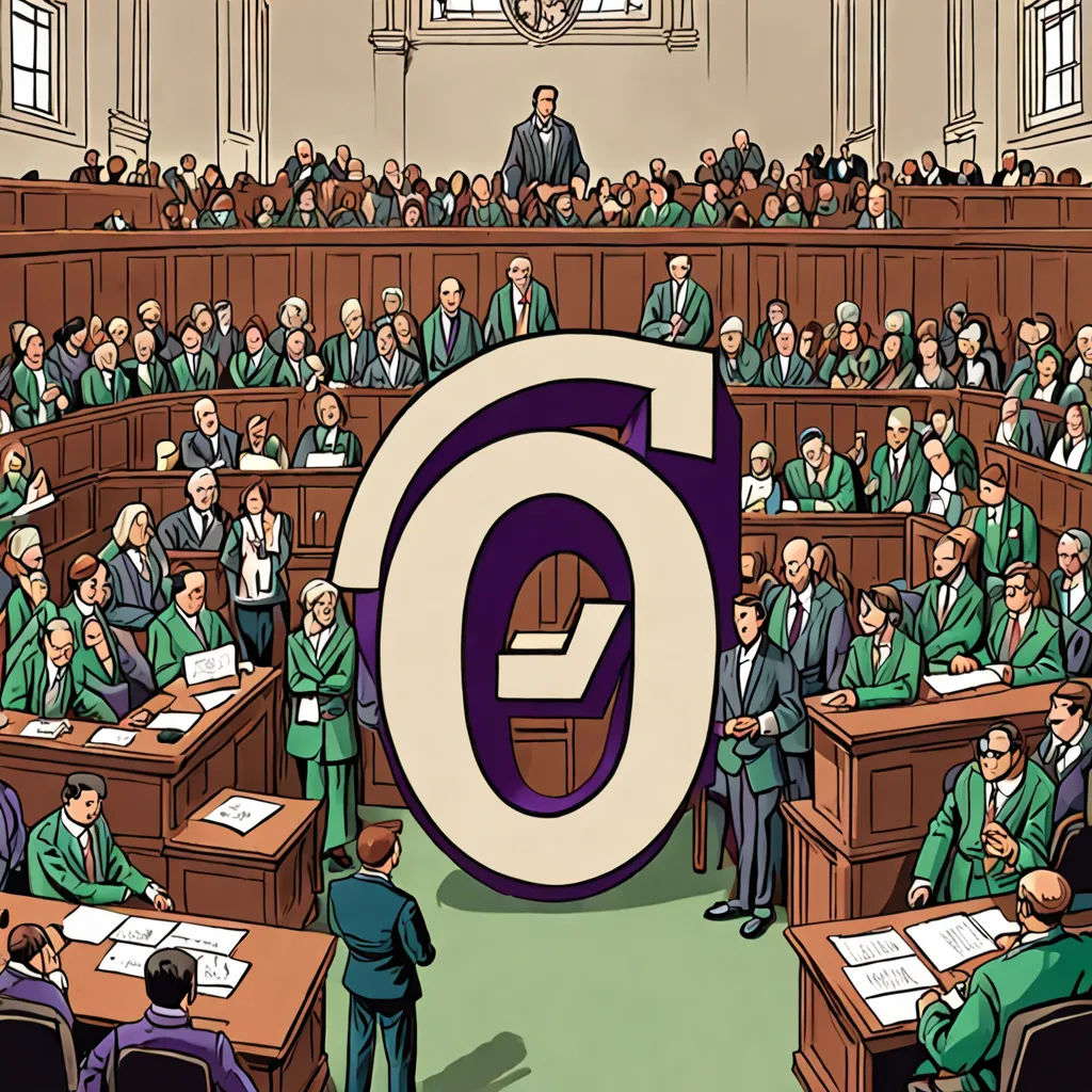 a cartoon of a man standing in front of a large number six in a courtroom of a court of people, new objectivity, a comic book panel, Aert de Gelder, graphic novel
