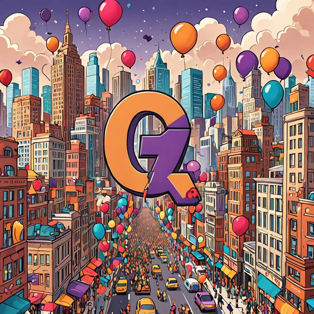 a city street filled with lots of balloons and a giant q sign above it that reads q in the middle of the picture, futurism, an album cover, derek zabrocki, comic cover art