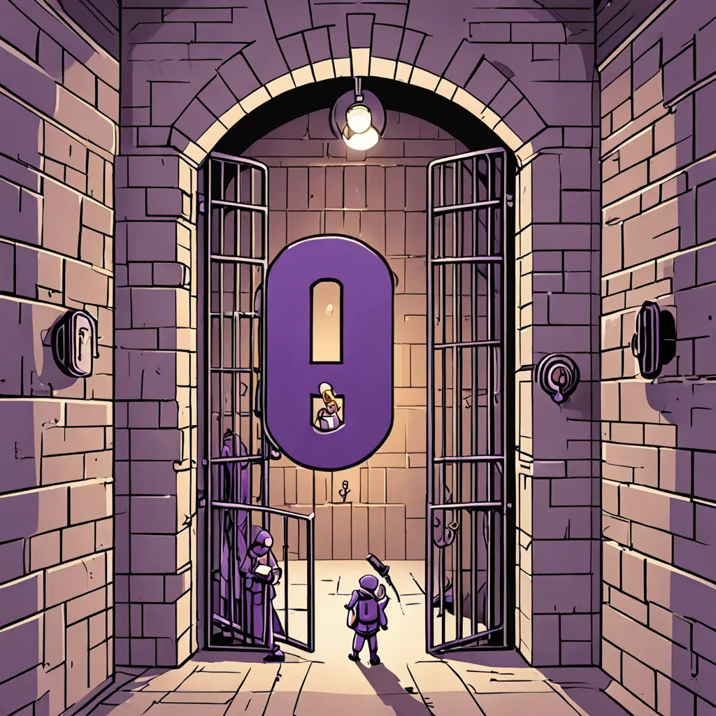 a cartoon of a person entering a jail cell with a purple letter on it and a purple door with a purple number, serial art, a storybook illustration, Asaf Hanuka, rossdraws global illumination