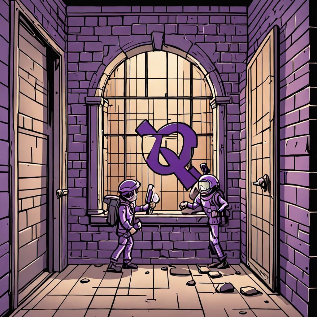 two people in purple suits standing in a room with a window and a purple sign on the wall that says q, underground comix, a storybook illustration, Enguerrand Quarton, comic cover art