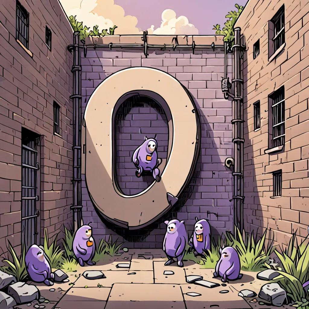a cartoon of a letter o with purple monsters around it and a brick wall behind it and a stone walkway, incoherents, a storybook illustration, Diego Gisbert Llorens, comic cover art
