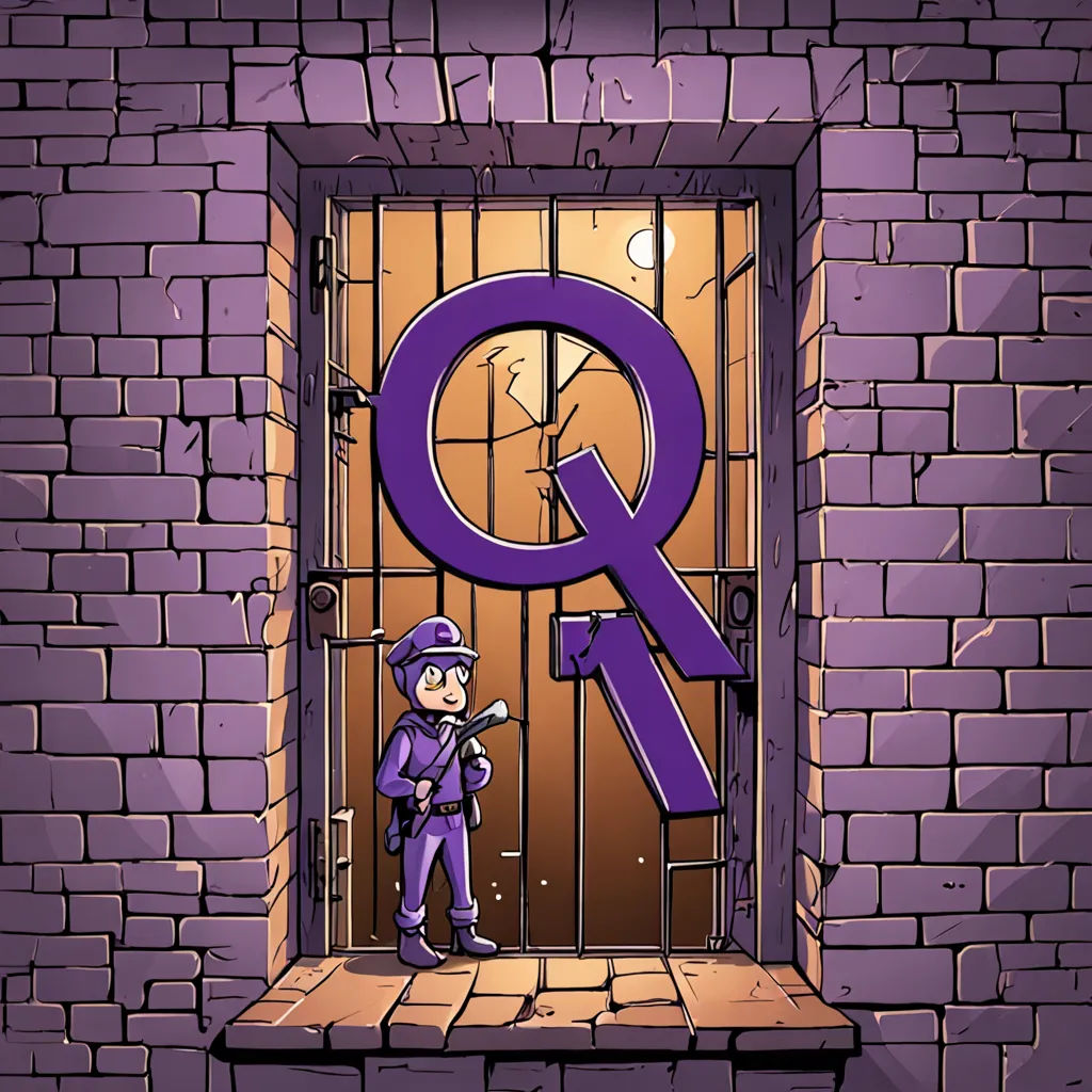 a cartoon character standing in a jail cell with a purple q sign on it's door and a purple brick wall, private press, a storybook illustration, Enguerrand Quarton, purple