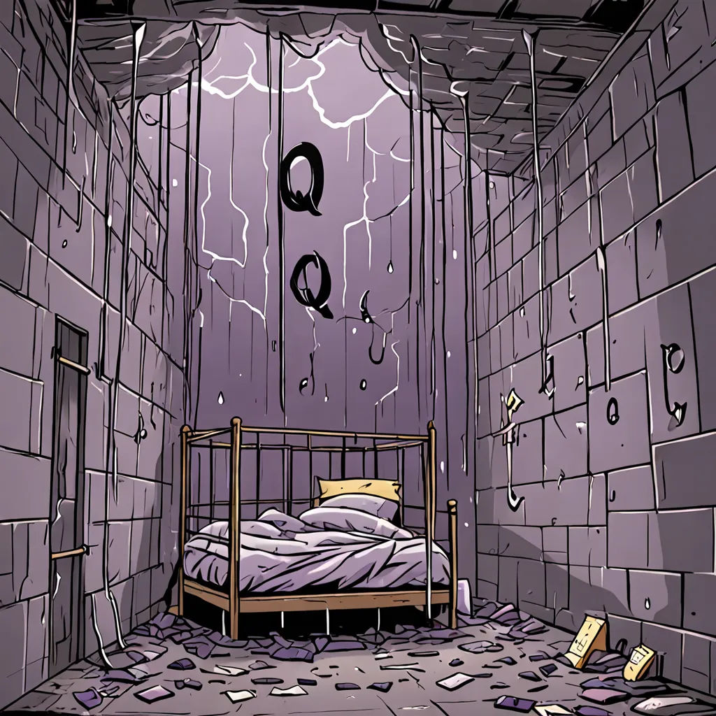 a bed in a room with a lot of debris on the floor and a light bulb hanging from the ceiling, underground comix, a comic book panel, Enguerrand Quarton, comic cover art