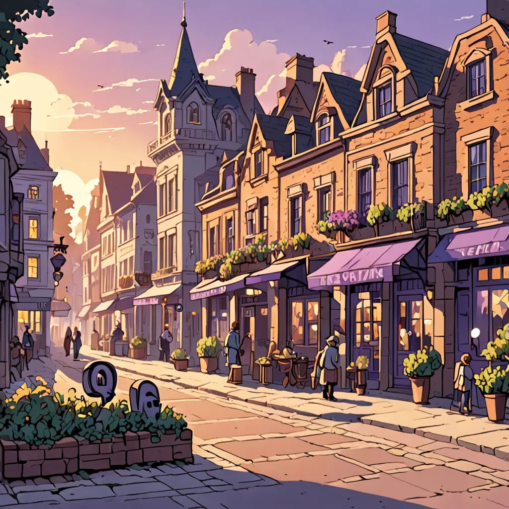 a painting of a city street with a few people walking around it and a building with a clock on it, plein air, a comic book panel, Evgeny Lushpin, rossdraws global illumination
